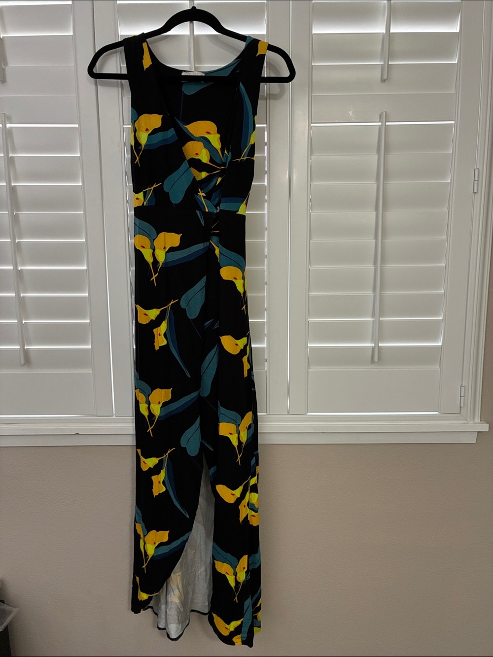 Ava Sky Black Maxi Wrap Dresss with Yellow & Teal Calla Lily Vintage Print